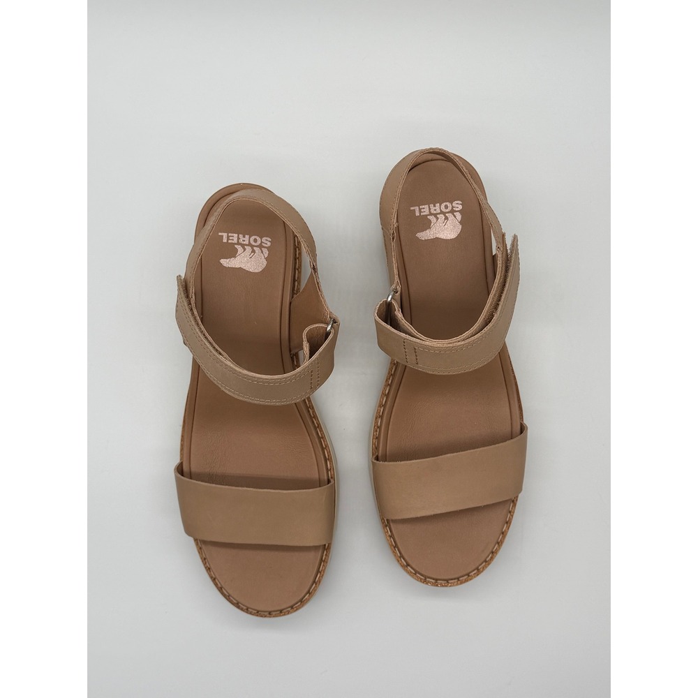 Sorel Joanie Y Strap Wedge Sandals Women 8 Tan Brown Leather Platform - Picture 3 of 10